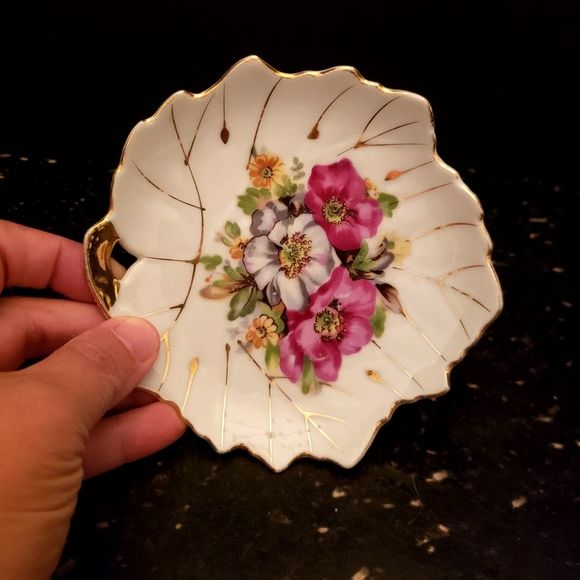 Nasco Del Coronado Leaf Shape Trinket Dish Flowers Gold Trim Handle Vintage - Picture 4 of 7